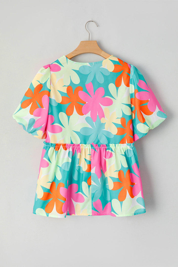floral print bubble sleeve v neck peplum blouse