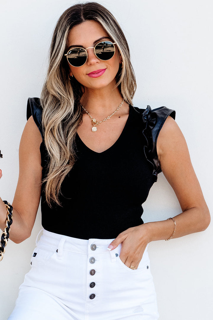 Leatherette Ruffle Patchwork Ribbed V Neck Bodysuit