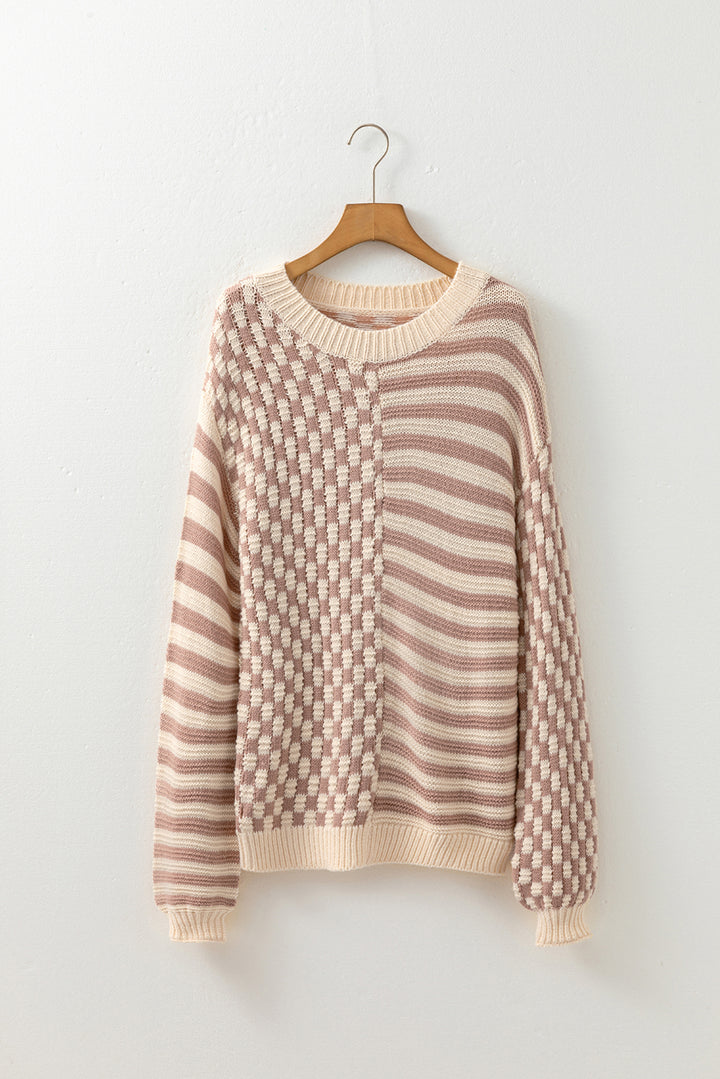 Checkerboard Drop Shoulder Balloon Sleeve Sweater