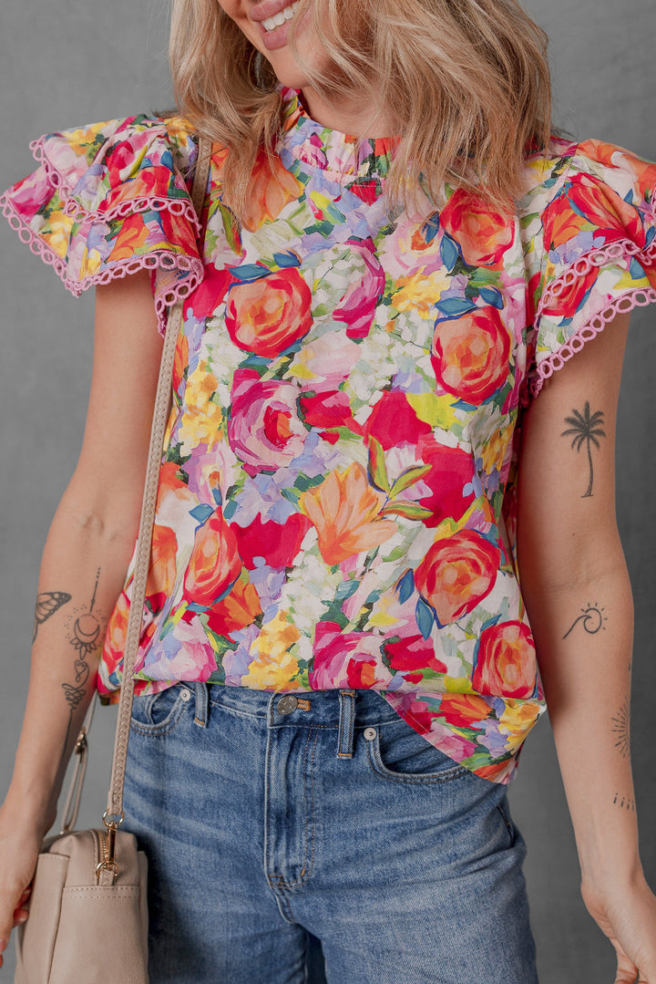 Lace Trim Ruffle Short Sleeve Floral Blouse