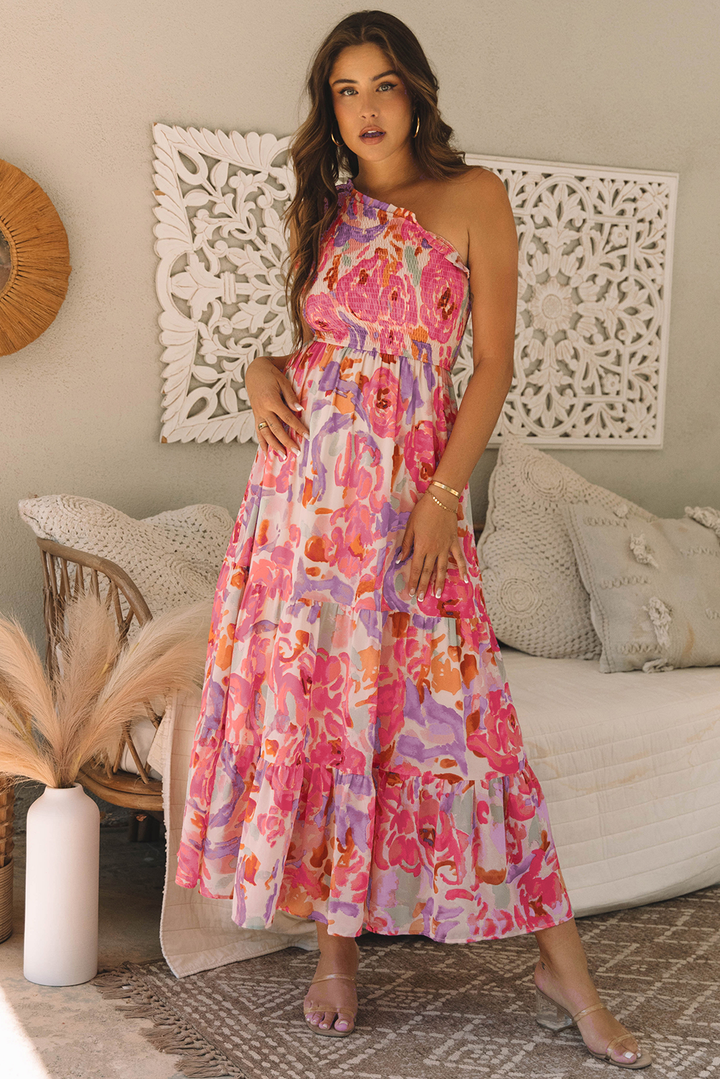 Abstract Floral Print Shirred One Shoulder Maxi Dress