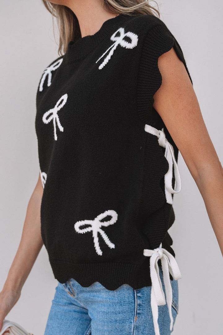 Bow Print Side Ties Scalloped Hem Sweater T Shirt