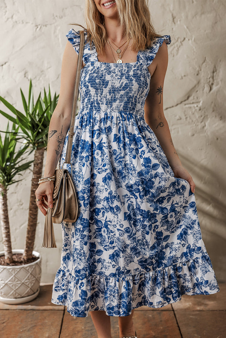 floral ruffle strap square neck smocked bodice midi dress