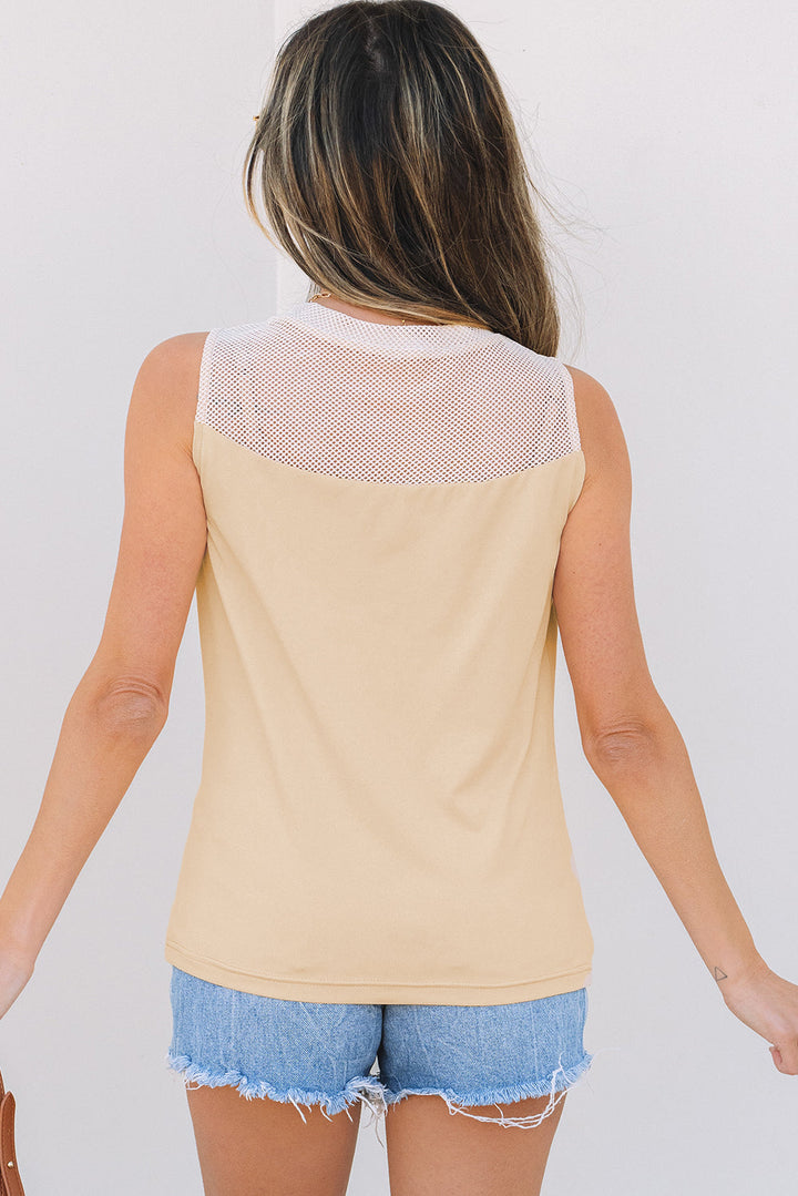Solid Mesh Patchwork Crew Neck Tank Top