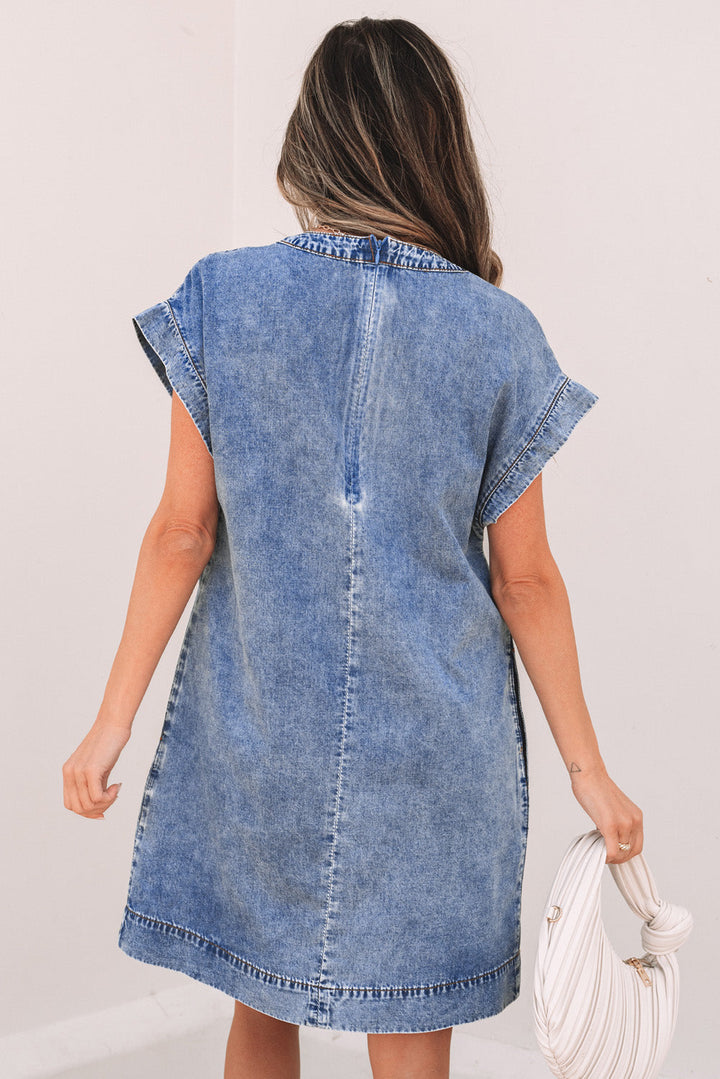 Tie V Neck Tucking Detail Short Sleeve Denim Shift Dress