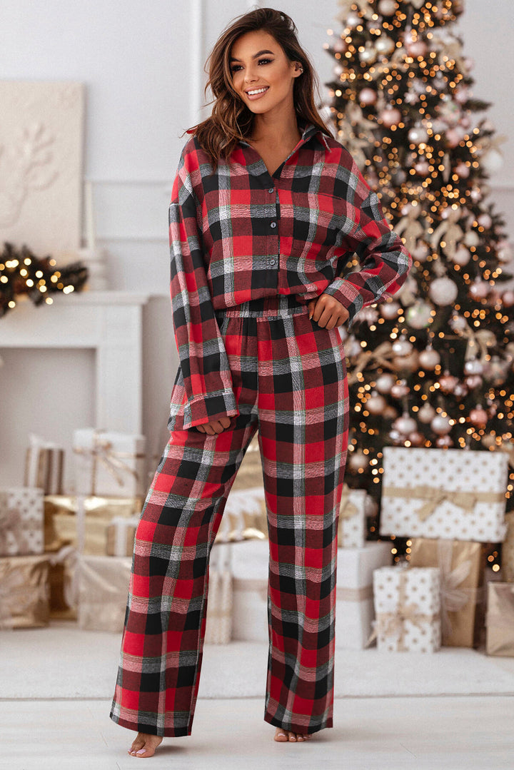 christmas checkered pattern loose shirt and pants lounge set
