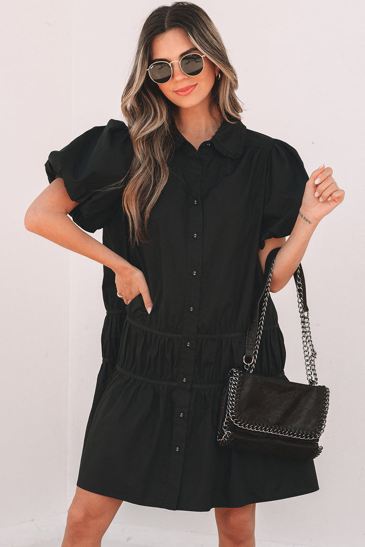 Shirt Style Button Down Puff Sleeve Ruffle Hem Dress