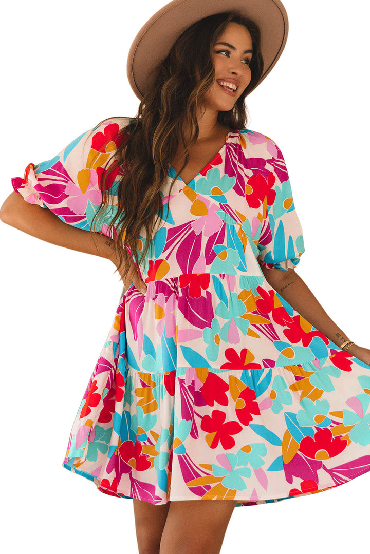 Floral Bubble Sleeve V Neck Tiered Ruffle Babydoll Dress