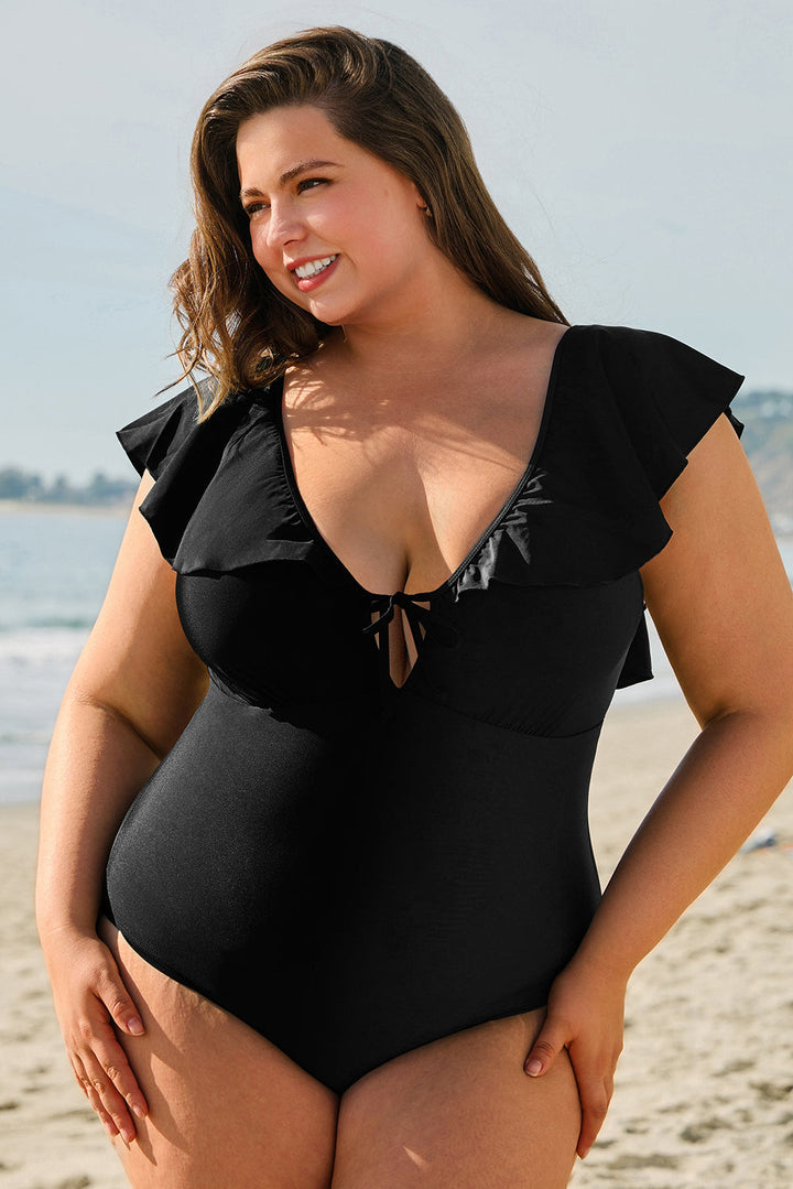 Ruffled Sleeve Lace-up V Neck Plus Size One Piece Swimsuit