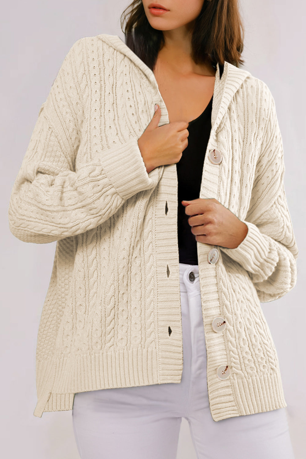 Cable Knit Texture Uneven Hem Hooded Chic Cardigan