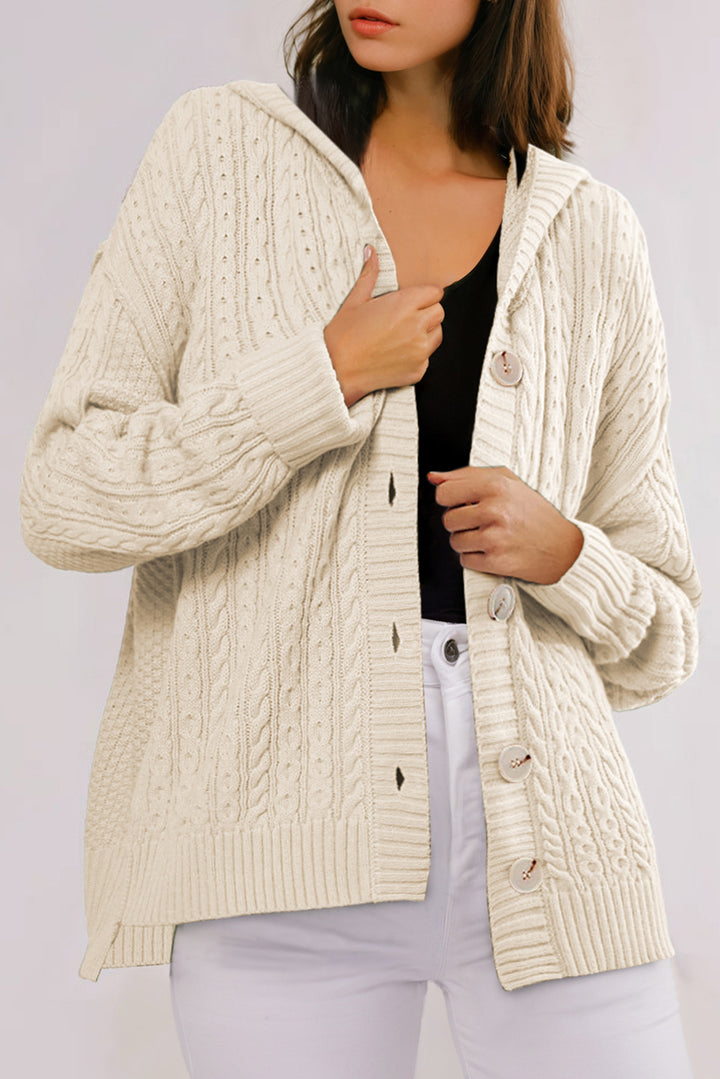 Cable Knit Texture Uneven Hem Hooded Chic Cardigan