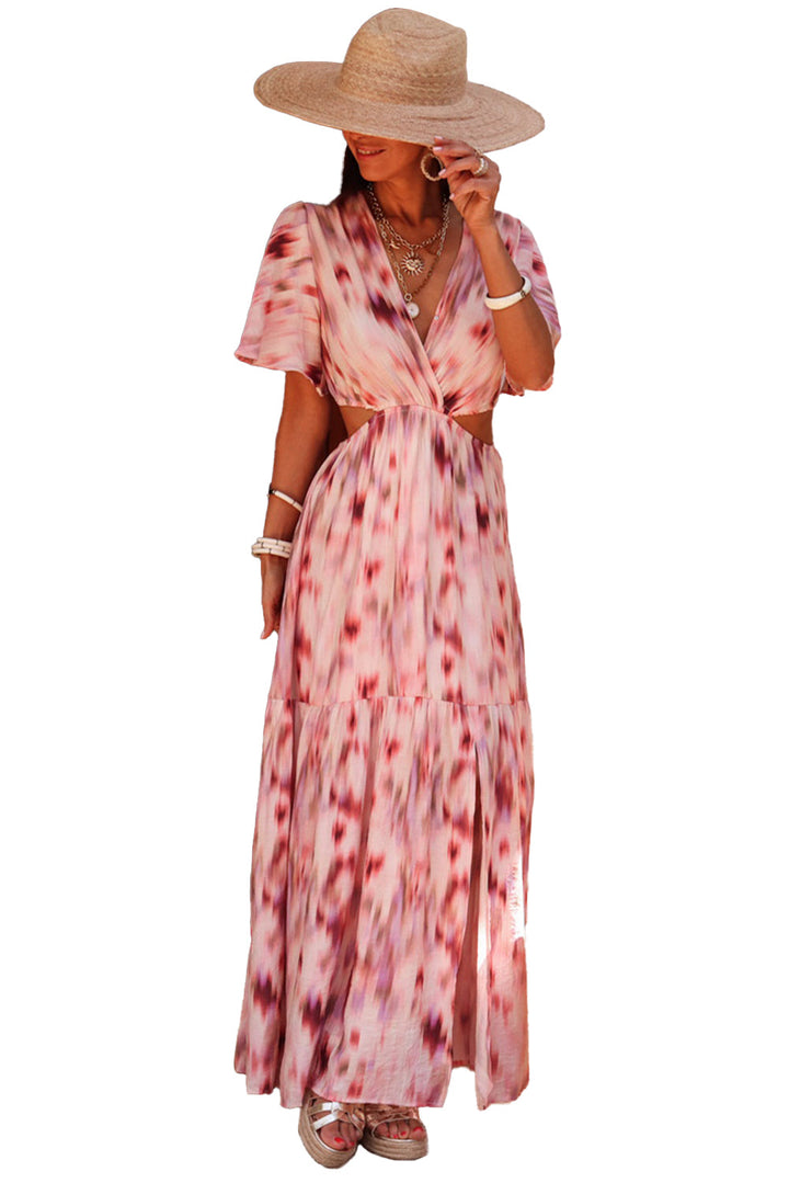 Abstract Printed Flutter Sleeve Daring Cutout Long Dress