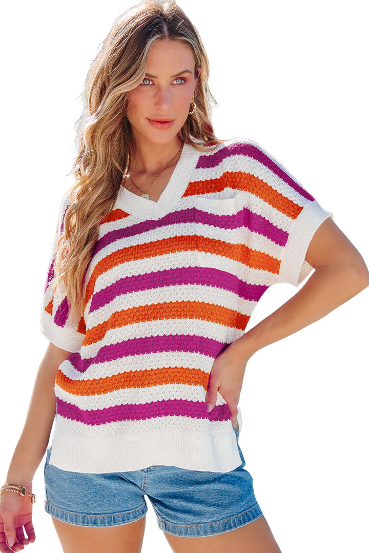 V Neck Short Sleeve Sweater with Side Slits