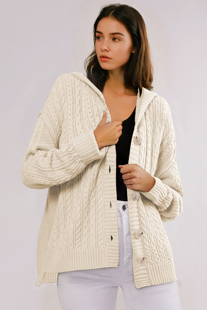 Cable Knit Texture Uneven Hem Hooded Chic Cardigan
