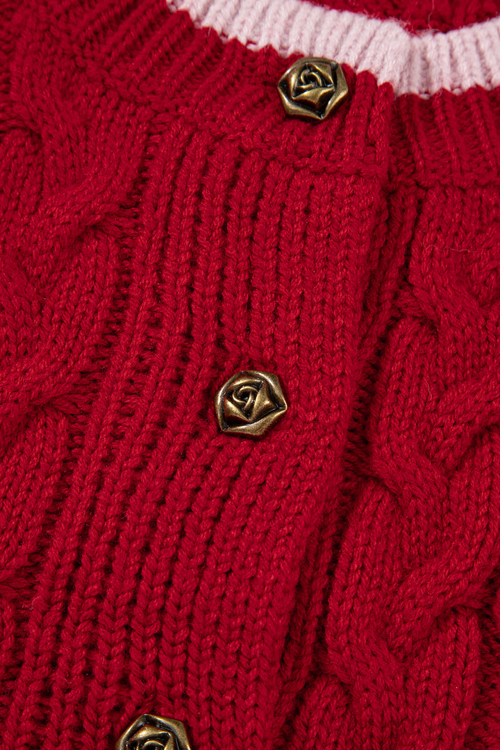 Color Contrast Edge Cable Knit Buttoned Cardigan