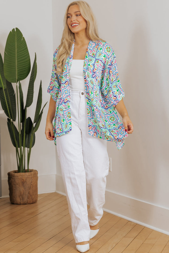 Boho Floral Printed Rhinestone 3/4 Sleeve Open Front Kimono
