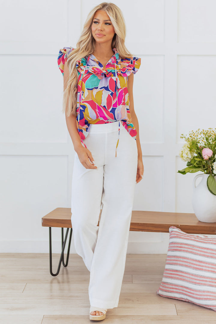 Abstract Printed Ruffled Flutter Sleeve Tied Split V Neck Blouse