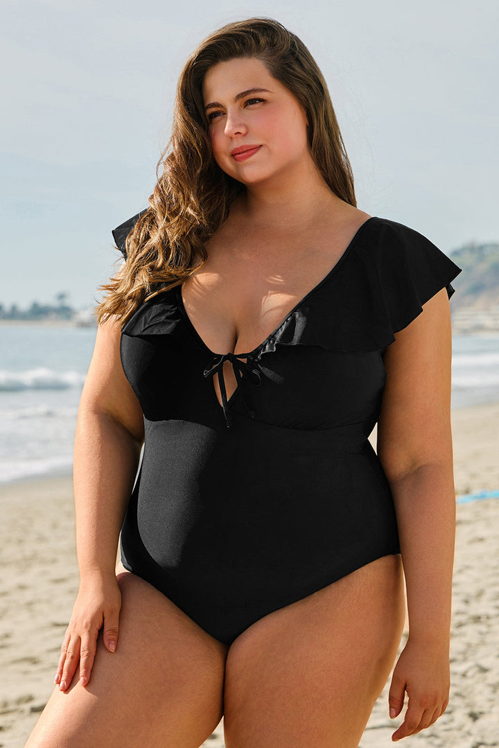 Ruffled Sleeve Lace-up V Neck Plus Size One Piece Swimsuit