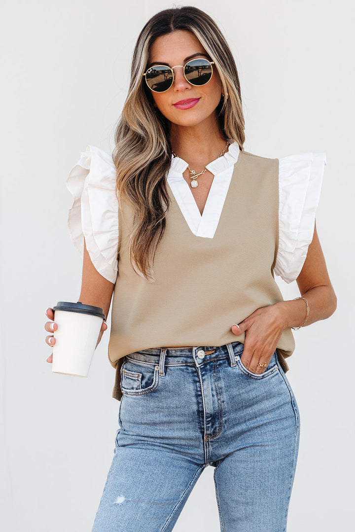 Contrast V Neck Ruffled Textured Knit Top