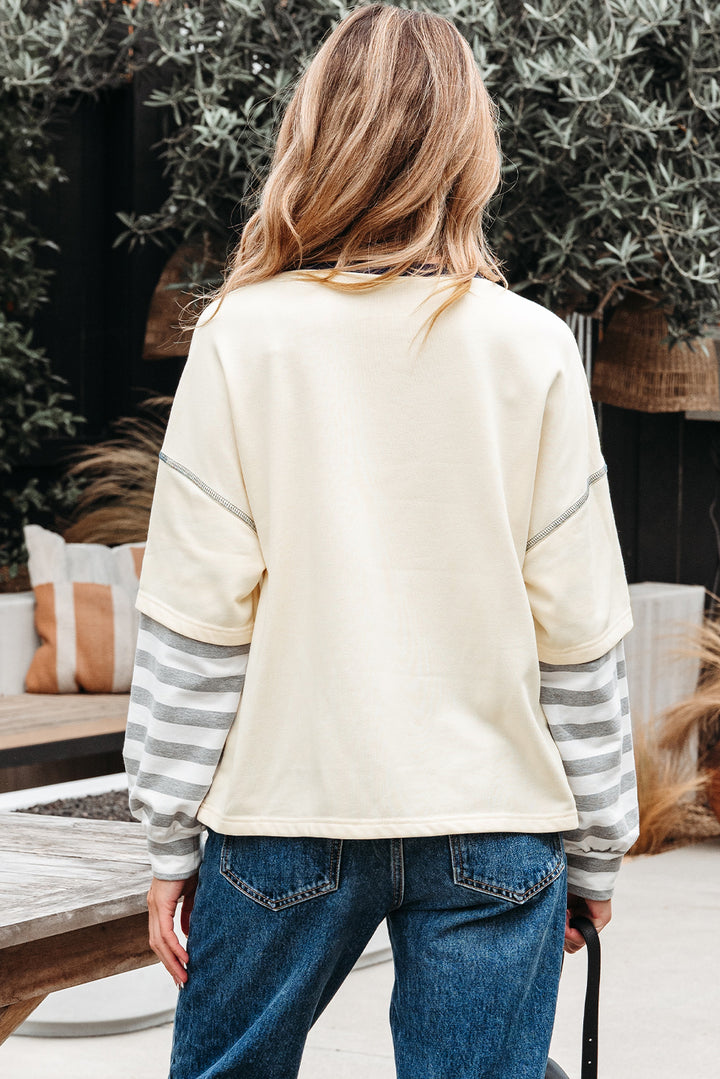 Beige gestreiftes Patchwork-Top mit langen Ärmeln und Rundhalsausschnitt