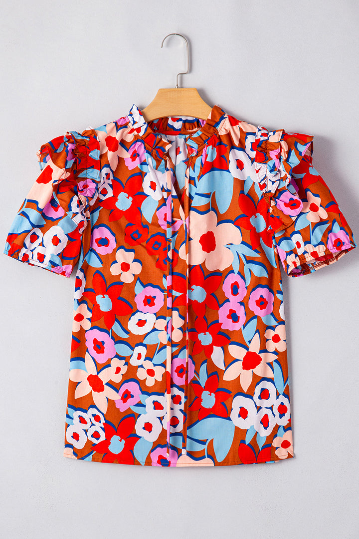 Flower Print Self Tie Frilled Collar Puff Sleeve Blouse