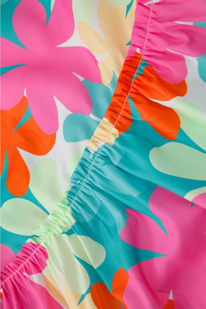 floral print bubble sleeve v neck peplum blouse