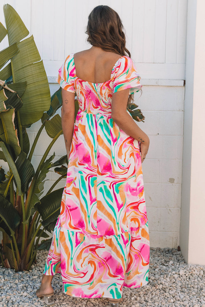 Abstract Print Ruffled Sleeve Smocked Bust Maxi Dress