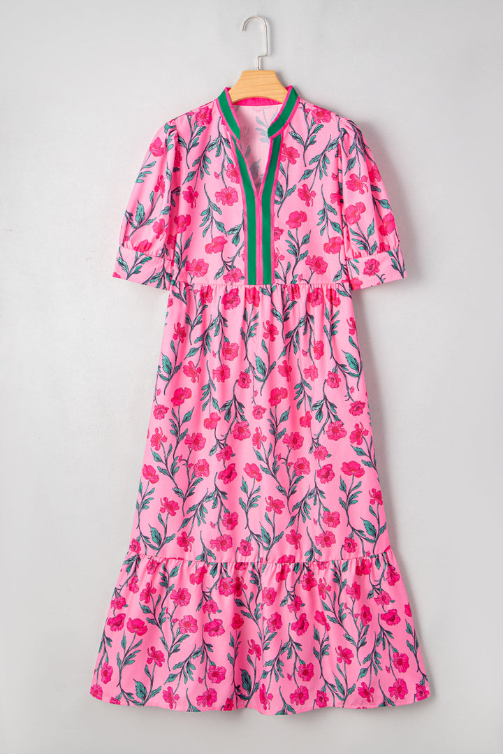 Langes Kleid in A-Linie mit Blumenmuster, Kontrastausschnitt und Puffärmeln