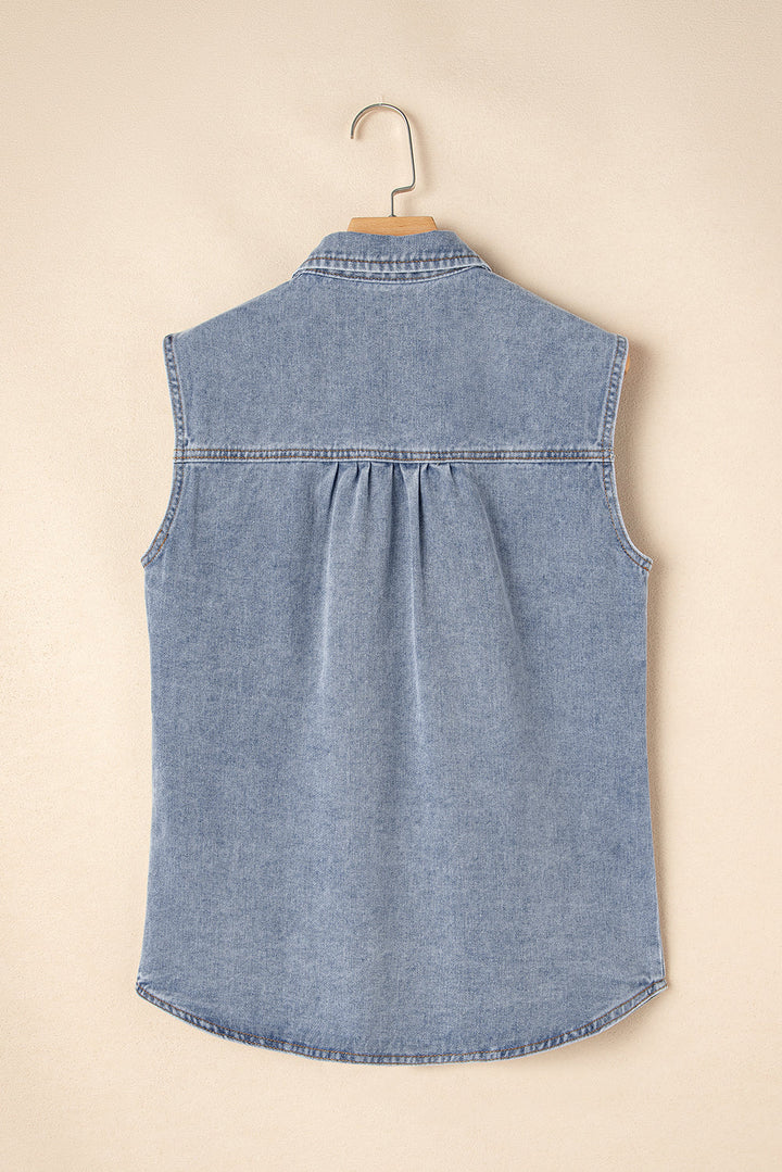 denim flap pocket curved hem shirt vest