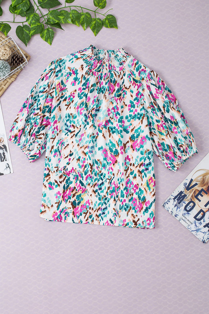 Abstract Print Puff Sleeve Mock Neck Blouse