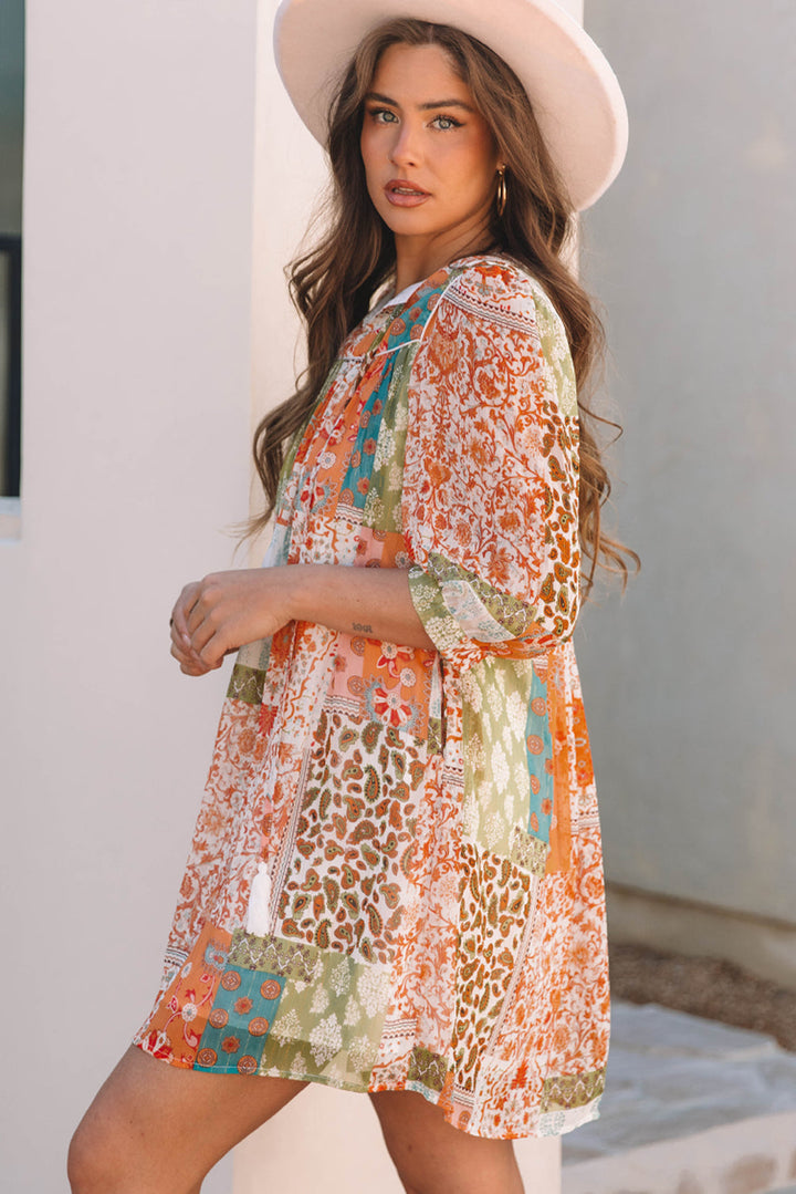 Boho Paisley Mixed Print 3/4 Sleeve Chiffon Loose Dress