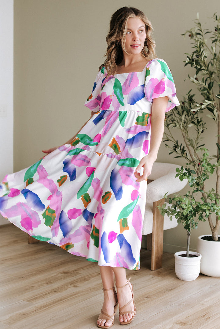 Abstract Print Puff Sleeve Smocked Back Midi Dress