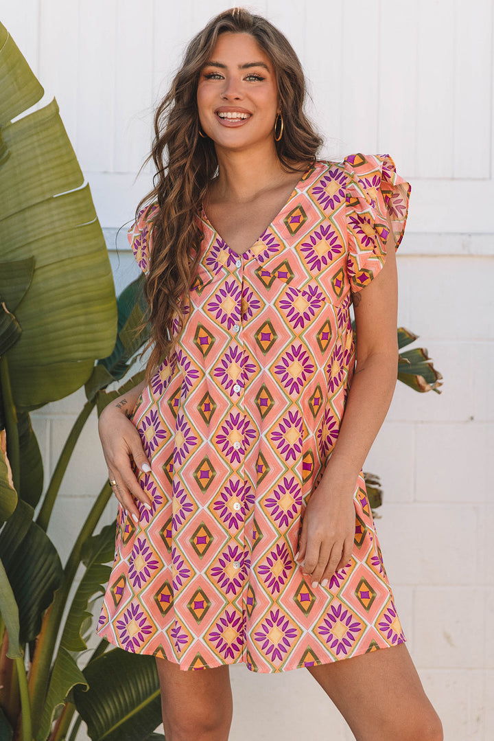 Geometric Floral V Neck Buttoned Ruffled Sleeve Mini Dress