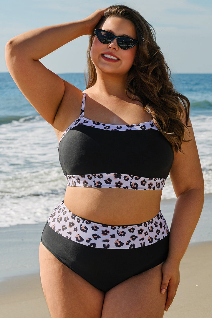 2pcs Leopard Patchwork Plus Size High Waisted Swimsuit