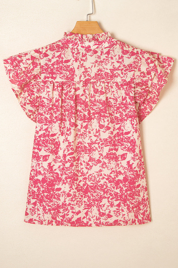allover printed half button neck ruffle sleeve blouse