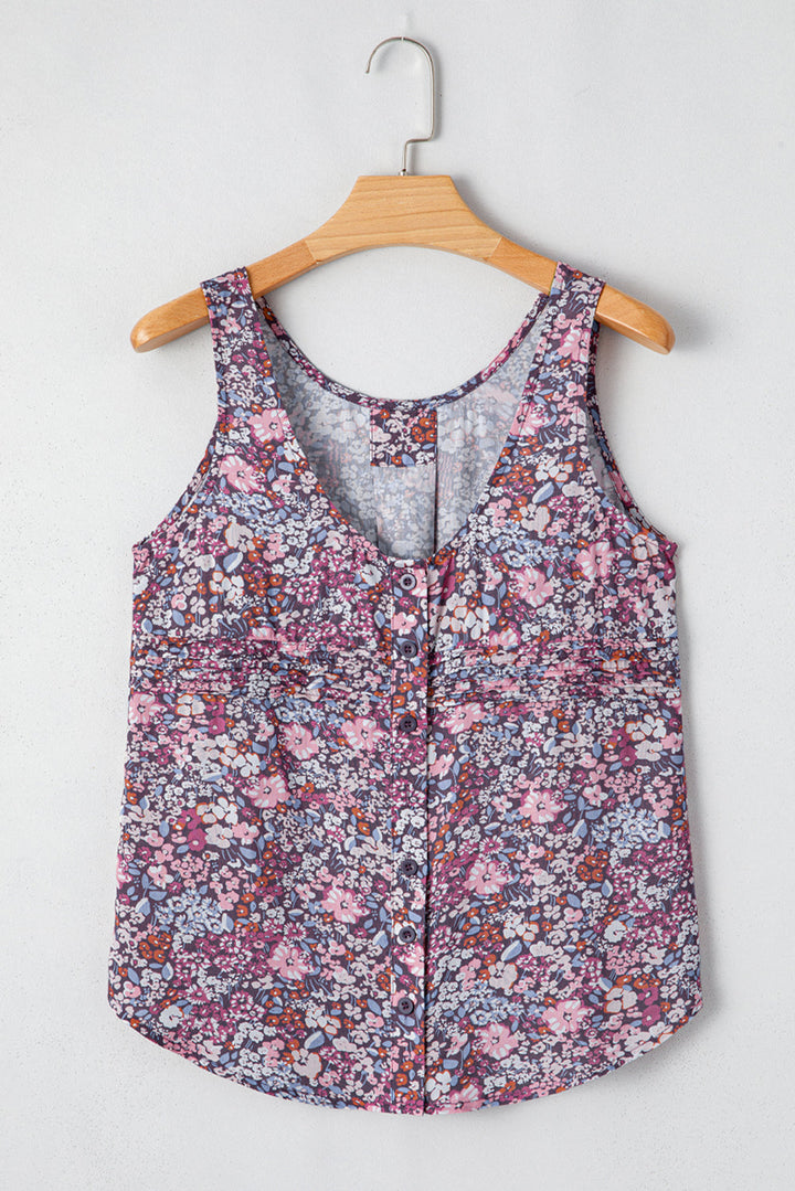 boho floral pleated buttoned front tank top