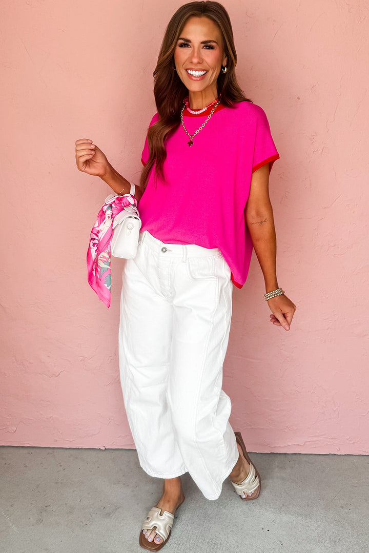 Contrast Trim Round Neck Short Sleeve Loose Knit Sweater