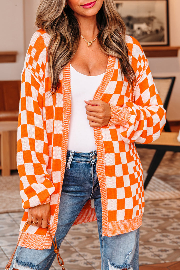Checkered Open Front Drop Shoulder Cardigan