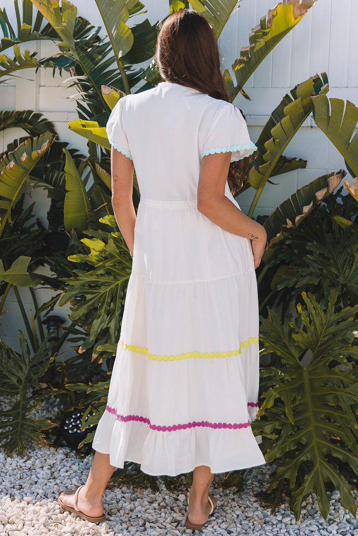 Colorblock Rickrack Trim Short Sleeve Drawstring Waist Long Dress