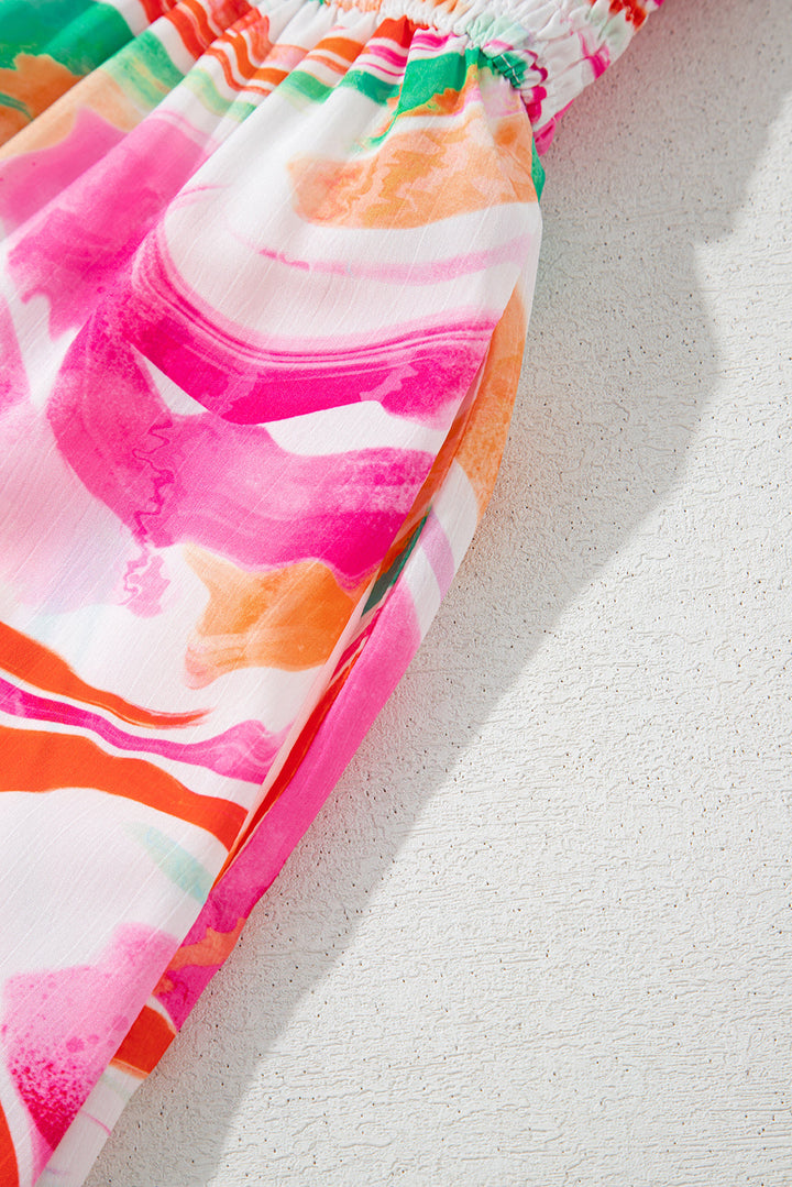 Abstract Print Ruffled Sleeve Smocked Bust Maxi Dress