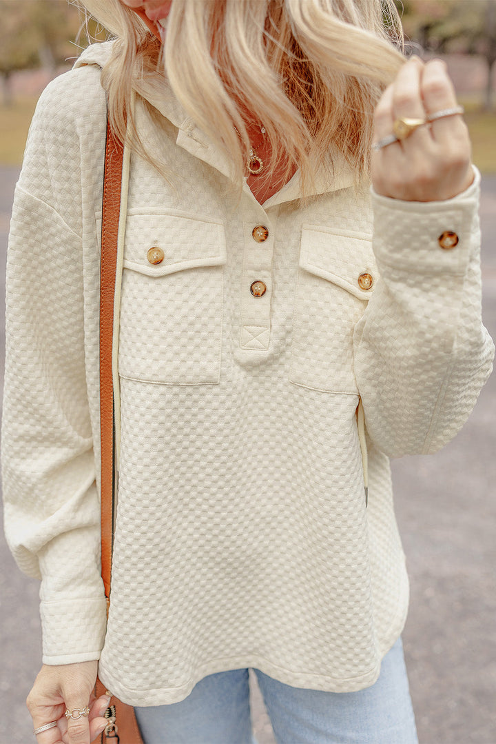Textured Buttoned Neckline Side Pockets Hoodie
