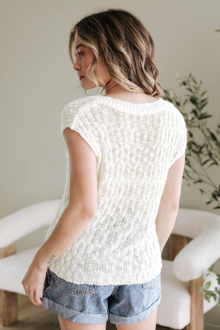 Notched V Neck Short Sleeve Sweater