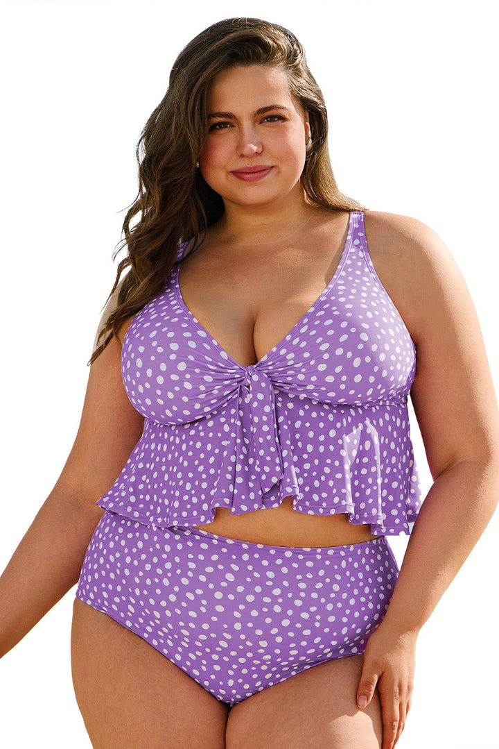 Plus Size Polka Dot Print Ruffled Knotted V Neck Tankini Set