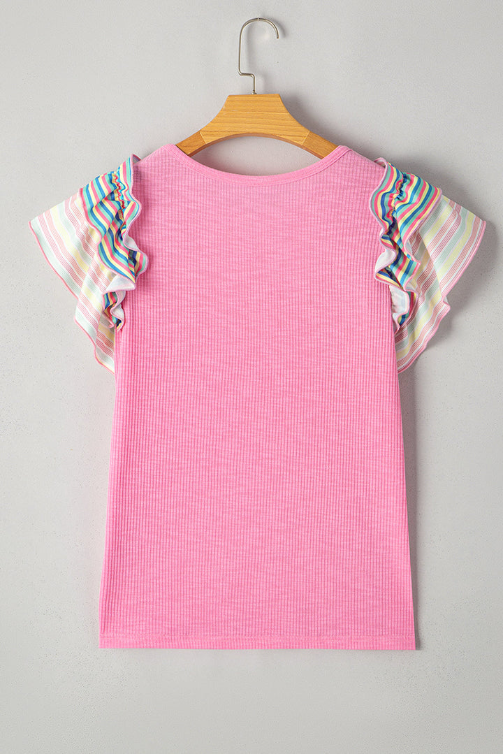 striped ruffle flutter sleeve ribbed blouse