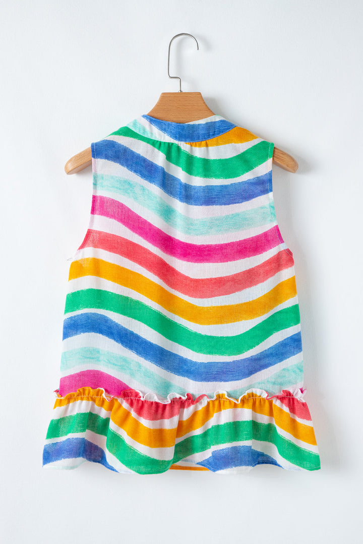 rainbow stripes ruffled hem drawstring v neck tank top