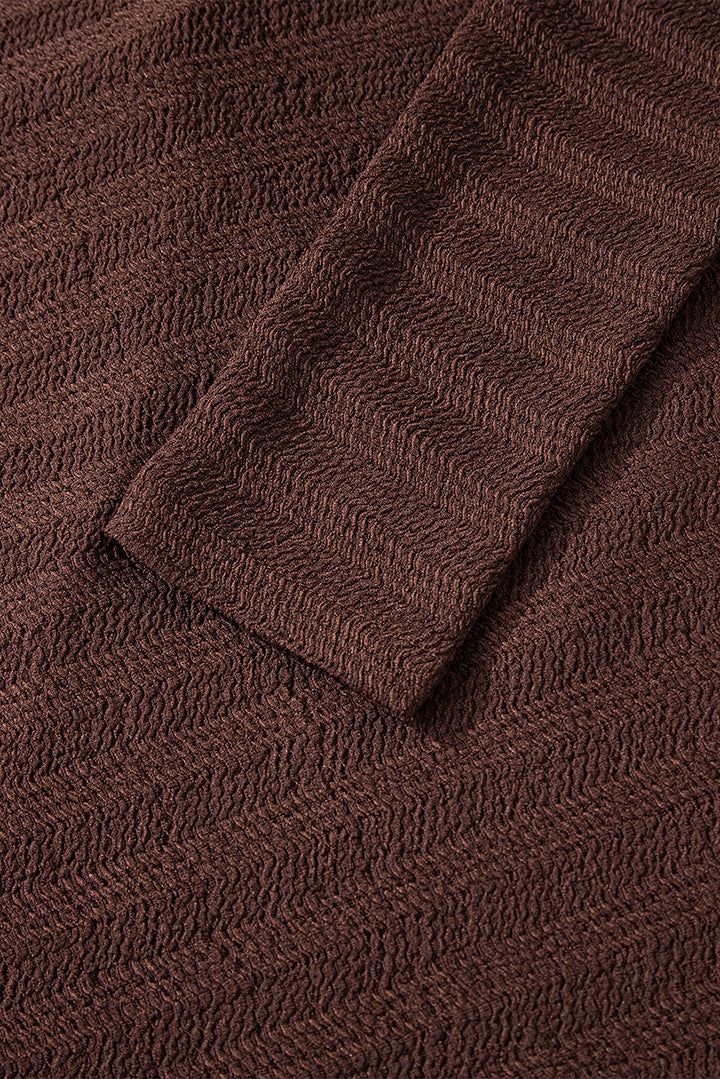 Kaffeebraunes, strukturiertes, gedrehtes Oberteil mit V-Ausschnitt und langen Ärmeln in Volltonfarbe