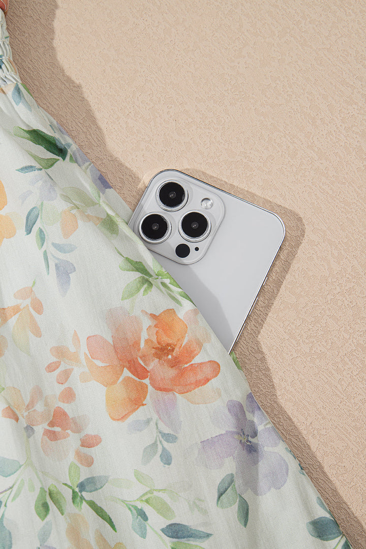 floral print shirred high waist puff sleeve mini dress