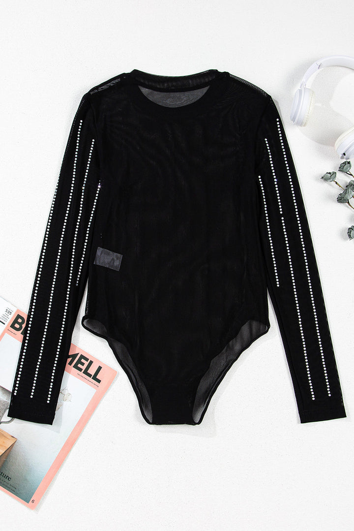 Rhinestone Decor Striped Mesh Long Sleeve Bodysuit