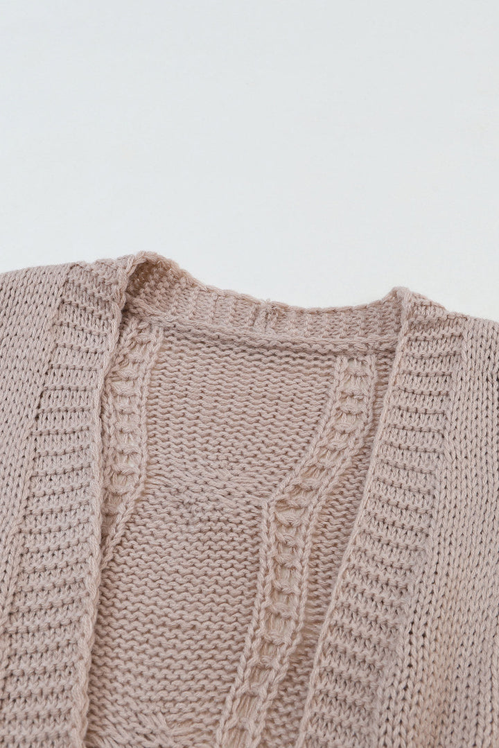 Ribbed Trim Eyelet Cable Knit Cardigan