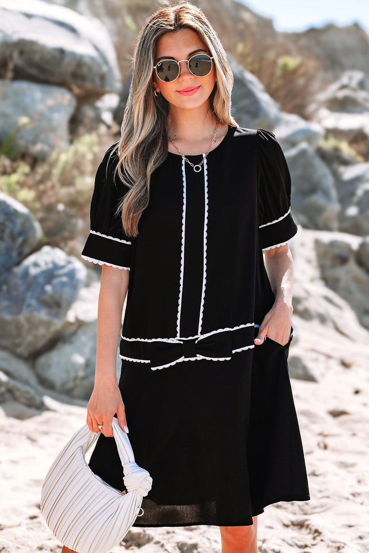 Contrast Scallop Trim Bow Detail Half Sleeve Shift Dress
